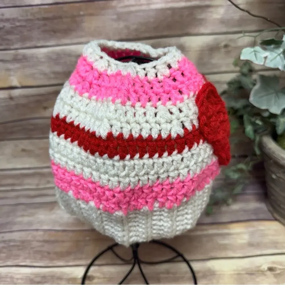 Handmade Heart Knit Hat - Red, Pink, Cream. Messy Bun